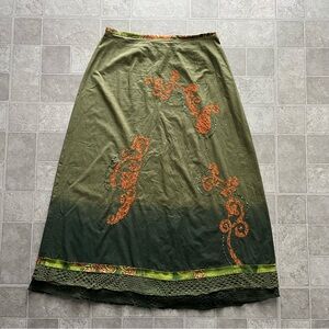 Y2K Mirasol olive green swirl paisley print orange ombré crochet maxi skirt